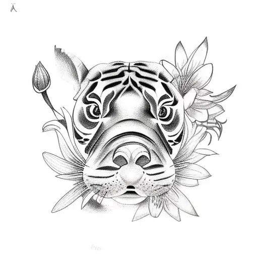 A Sketch-style Tattoo Of A Baby Hippo Surrounded By Tiger Lilies