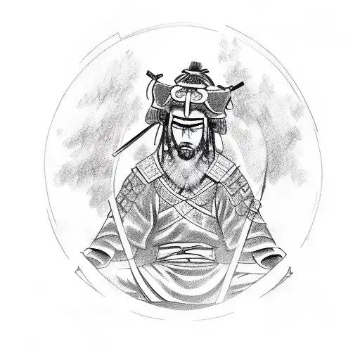 A Sketch-style Tattoo Of A Samurai Warrior Meditating Under A Holy Tree