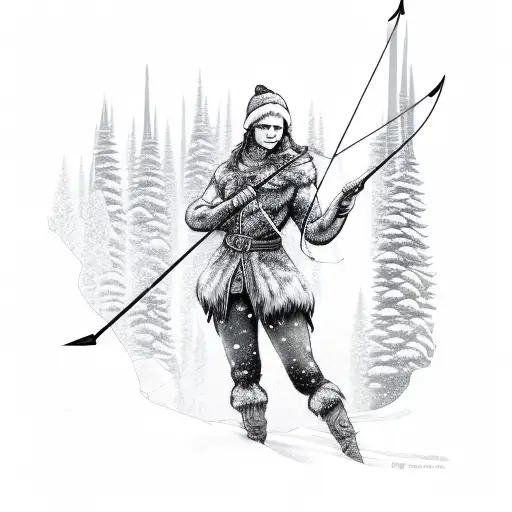 Full Body Winter Huntress Holding Bow And Arrow