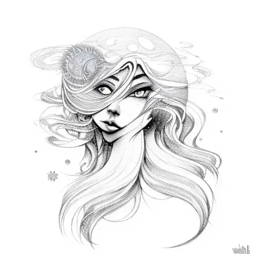 Whimsical Romantic Flowing Hair Celestial Sun And Moon Kissing Elements