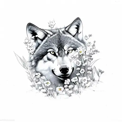Wild Flower Garden With Wolf Among Flowers