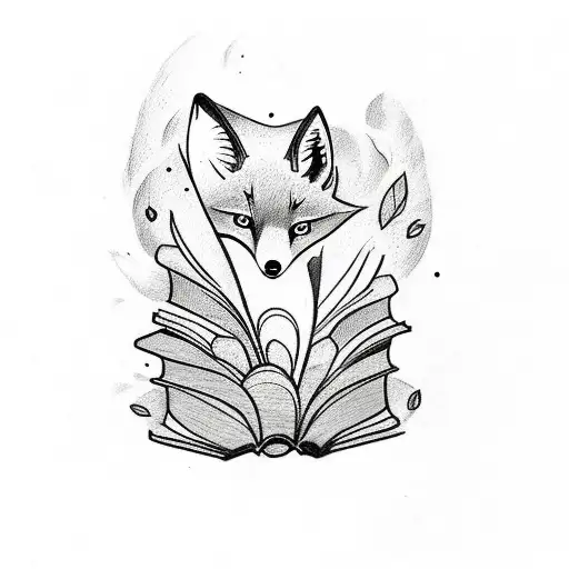 A Sketch-style Tattoo Of A Fox Curled Up In A Cozy Book Nook