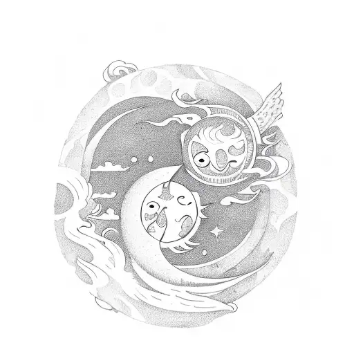 A Bookshelf Filled With Whimsical Sun And Moon Embracing Fire And Water-themed Books