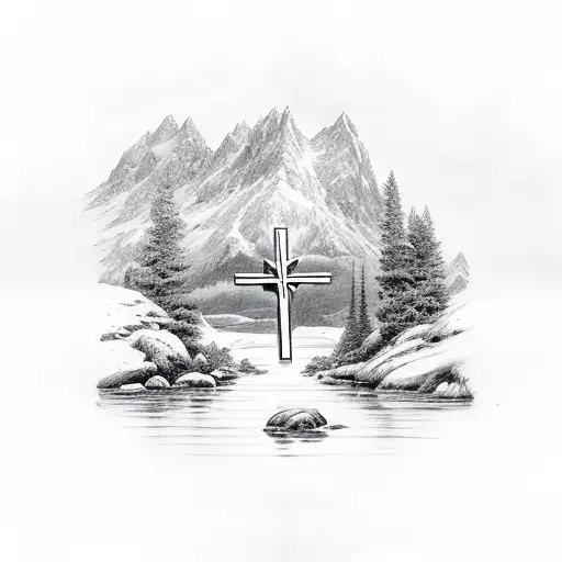 Christian Cross With A River And Mountians