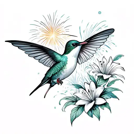 Hummingbird With Swallowtail Butterfly Wings With Lily Flowers And Fireworks