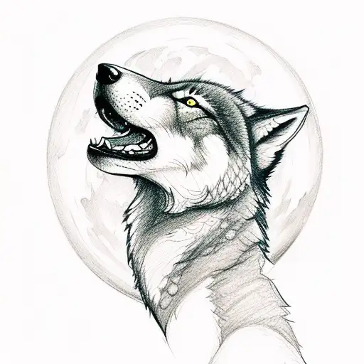 A Sketch-style Tattoo Of A Wolf Howling At The Moon While Standing On A Hiking Trail