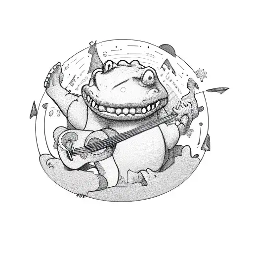 Friendly Almost Cartoon Looking Aligator Kind Of Fat Standing Up Playing A Guitar Vintage Looking