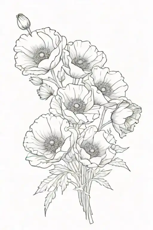 Line Art Of 4 Poppy Flowers Blooming In A Bouquet