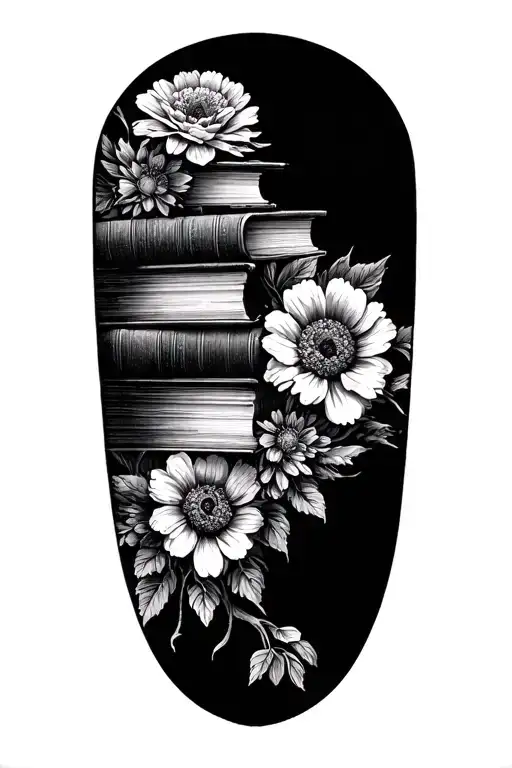 Stack Of Books Behind A Half Sleeve Of Flowers