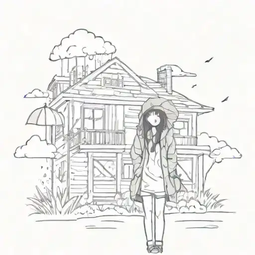 Emo Girl With Umberella Clouds And Rain With A Broken House In Background
