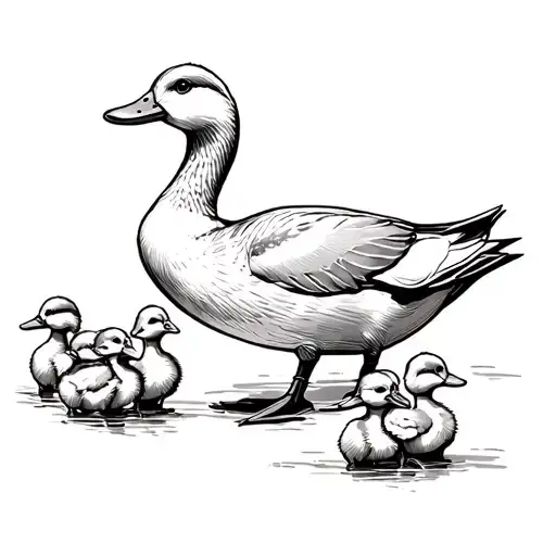 Mother Duck Followed By 4 Ducklings