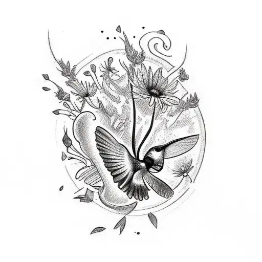 A Traditional Tattoo Of A Coffee Mug Filled With Wildflowers And Hummingbirds Flying Around It