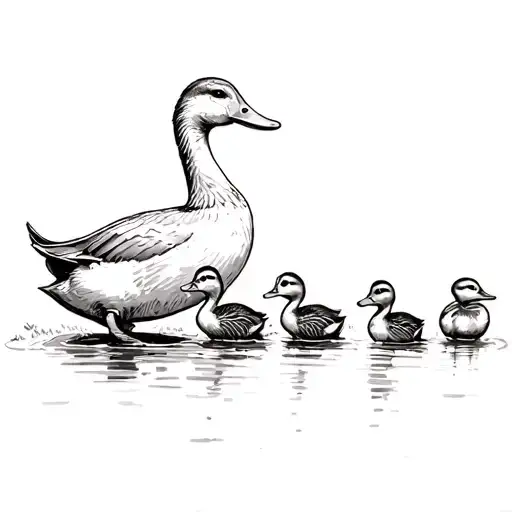 Mother Duck Followed By 4 Ducklings Following Their Mother