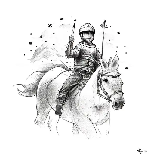 A Sketch-style Tattoo Of A Boy Riding A Horse With A Backdrop Of A Starry Night Sky