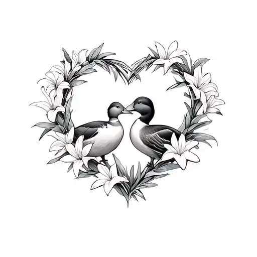 Two Mallard Ducks Cuddling Inside A Wreath Of Lily Flowers In The Shape Of A Heart