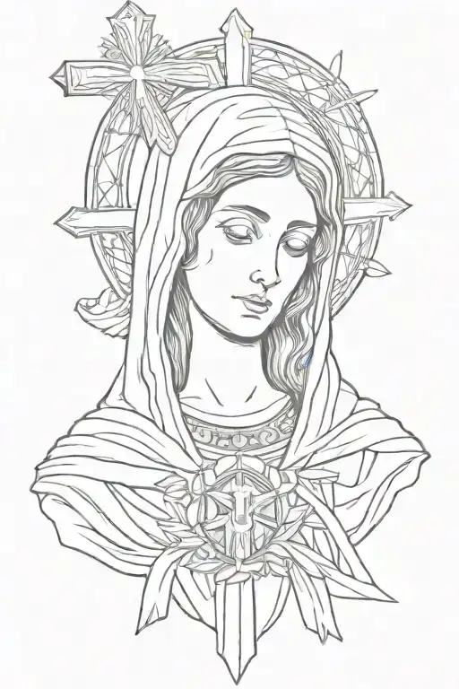 Virgin Mary Head On Shoulder Holding The Cross In Her Arms Looking Solem
