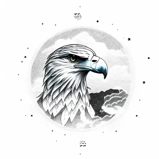 Full Body Sitting Eagle With Cloud Around Connecting Words