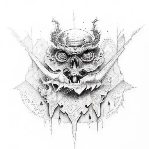 An Intricate Tattoo Design Combining Dark Art Elements And Cartoon Characters In A Sketch Style