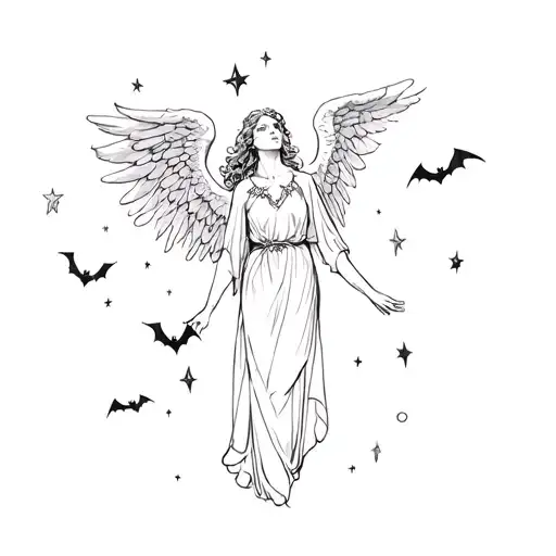 Angel Reaching Up To Stars With Small Bats Around Her