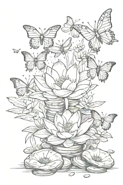 Lotus Flowers Growing Out Of A Pile Of Money With Butterflies Fluttering Around