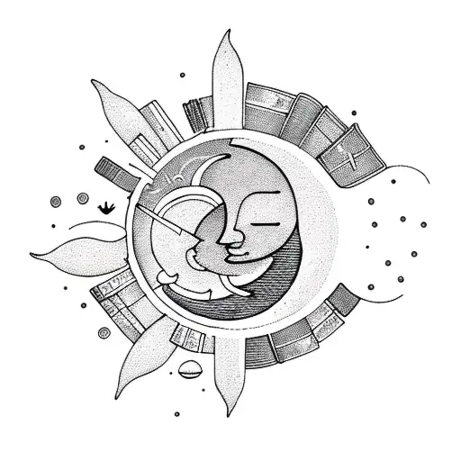 A Whimsical Sun And Moon Embracing Fire And Water Surrounded By Books