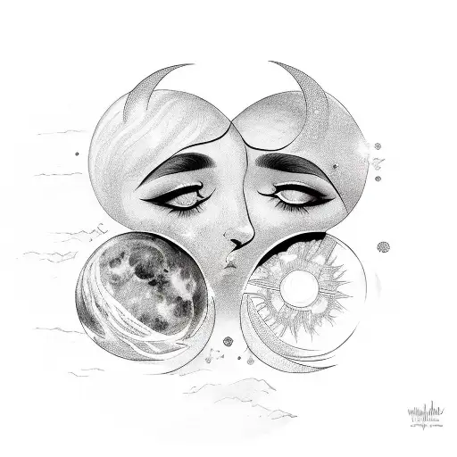 Whimsical Celestial Sun Female And Moon Male Kissing Matching