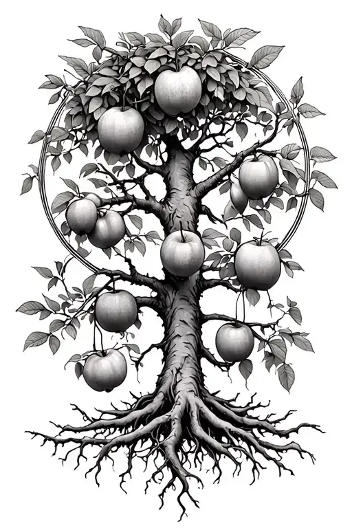 Tree With 9 Fruits In Branches And Circular Canopy And Roots Exposed Hanging Askew