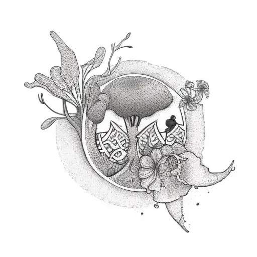 African Tattoo With Lili Flowers Surrounded By Ocean And The Dessert