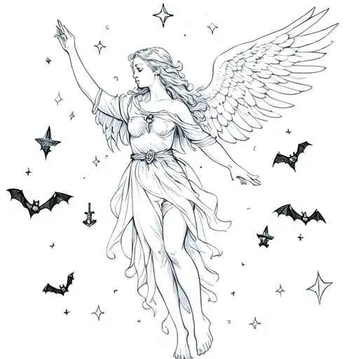 Angelic Angel Reaching Up To Stars With Small Bats Around Her With A Anchor