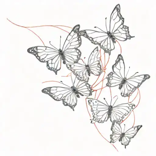 4 Scattered Different Sized Black Outlined Butterflies Connected To Each Other By Red Thread