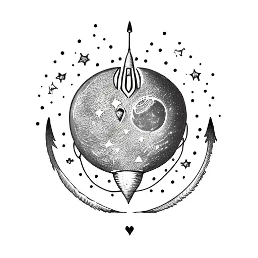 A Realistic Depiction Of A Heart-shaped Faced Moon With A Rocket And Stars Around It