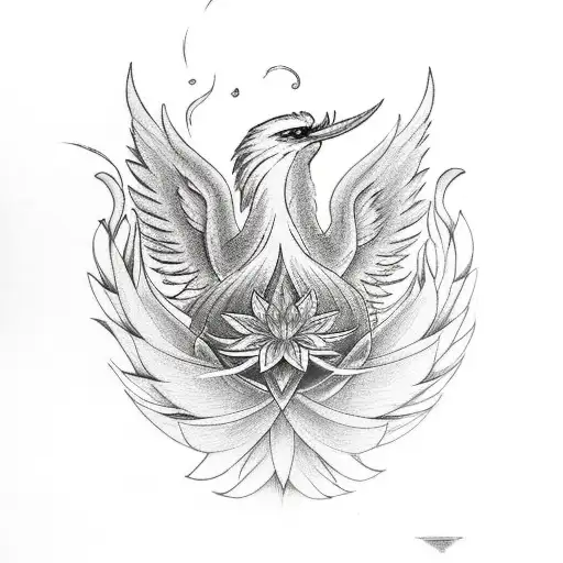 Phoenix Coming From Lotus With 2 Stargazier Lillies On Both Sides Of The Phoenix