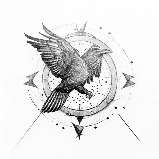 A Majestic Raven Gracefully Soaring Over A Compass Surrounded By Stars