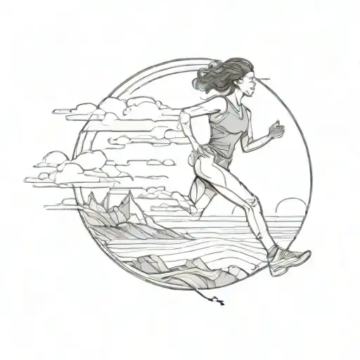 Half Sunset On Left And Half Sunrise On Right With A Woman Running To The Right In The Middle