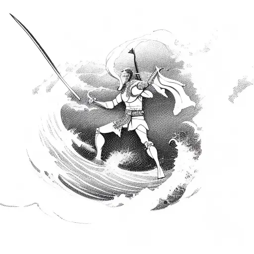 A Fearless Warrior Riding A Wave With A Sword Raised High