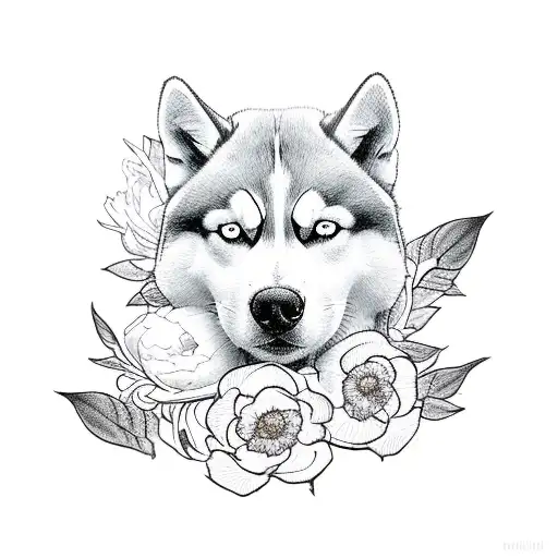 Husky With Peonies And Climbing Roses