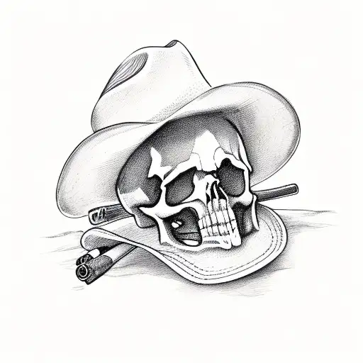 Skull Wearing A Cowboy Hat With Cross 12 Gauge Shotguns Behind It