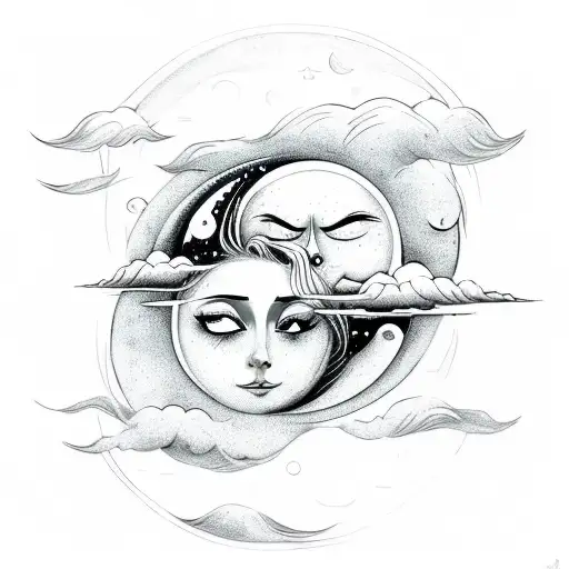 A Whimsical Illustration Of A Sun And Moon Kissing Surrounded By Swirling Clouds