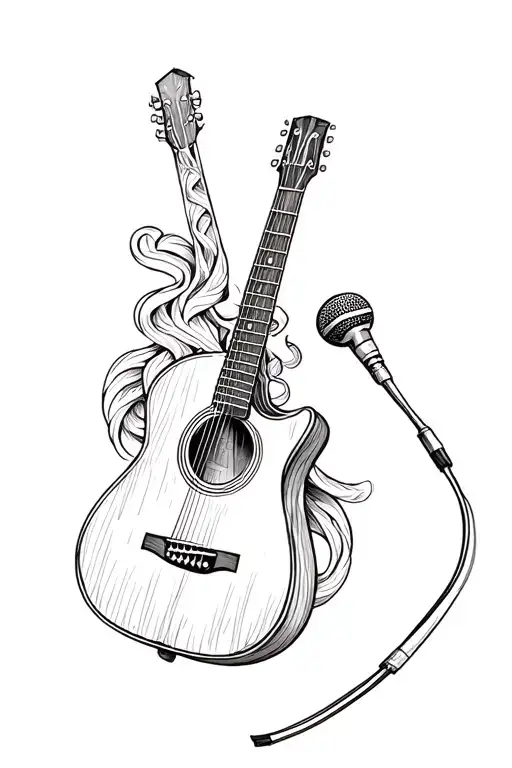An Acoustic Guitar And And Microphone Intertwined