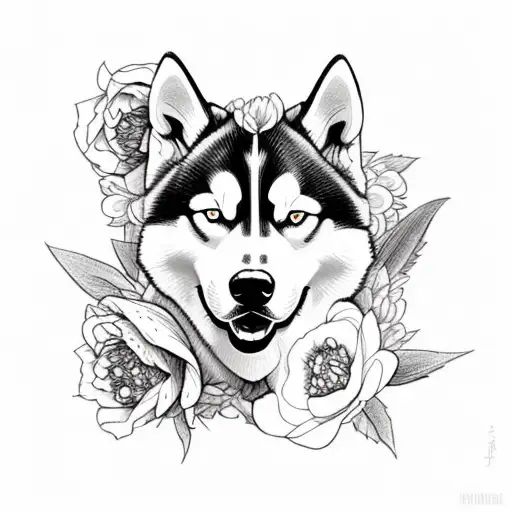 Husky With Peonies And Climbing Roses