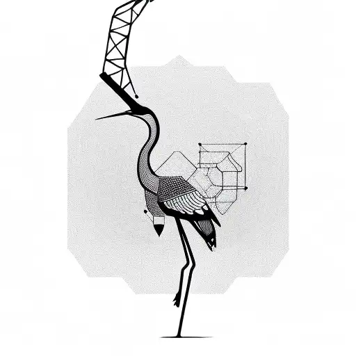 A Geometric Design That Incorporates The Silhouette Of A Crane Flying Into A Sunset