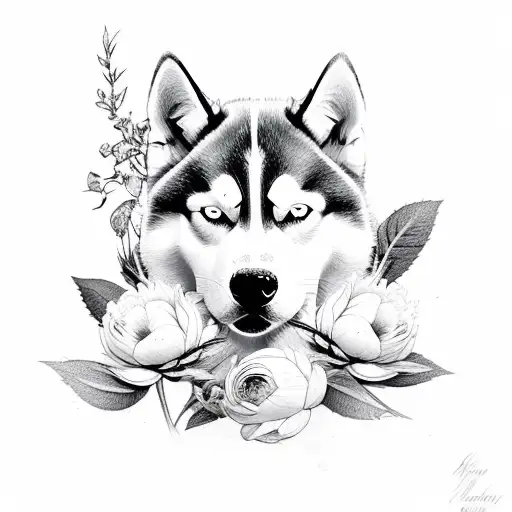 Husky With Peonies And Climbing Roses