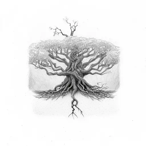 Tree With Roots As Big As Branches And A Small Red Robin