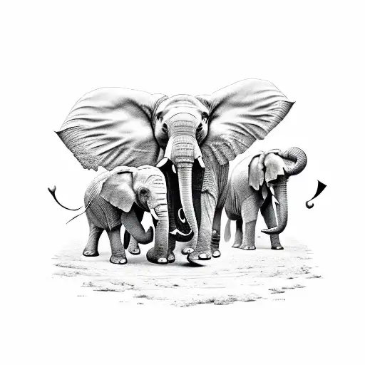 Elephant Dad With Three Smaller Elephants Next To Him Looking At Them From Their Back Side