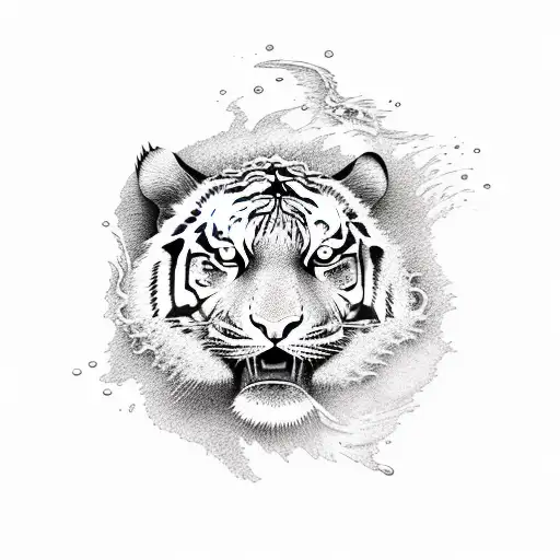 A Fierce Tiger Running Through Waves In Dotwork Style