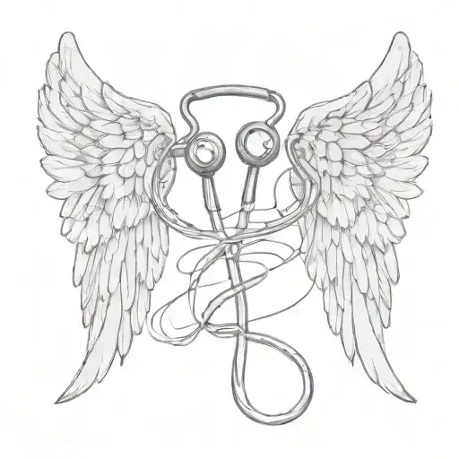 Sketch Style Tattoo Of Angel Wings With A Stethoscope Intertwined