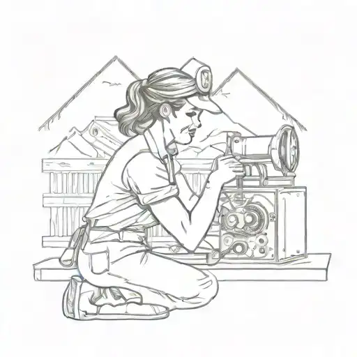 A Sketch Tattoo Of Rosie The Riveter Working On An Hvac Unit In A Mountain Cabin Setting