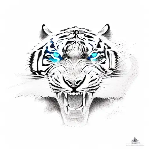 A Fierce Tiger Running Through Waves In Dotwork Style