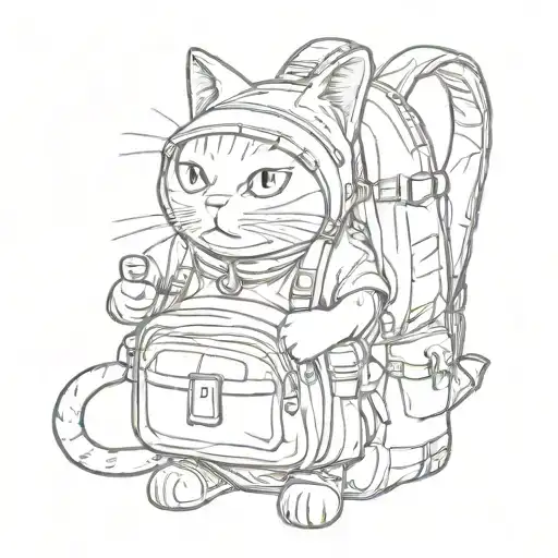 A Sketch Tattoo Of A Cartoon Cat Wearing A Backpack And Exploring Different Countries