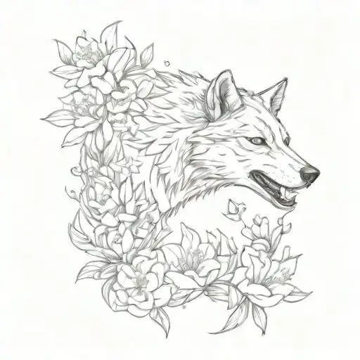 Wolf And Freesia Flowers Surrounding